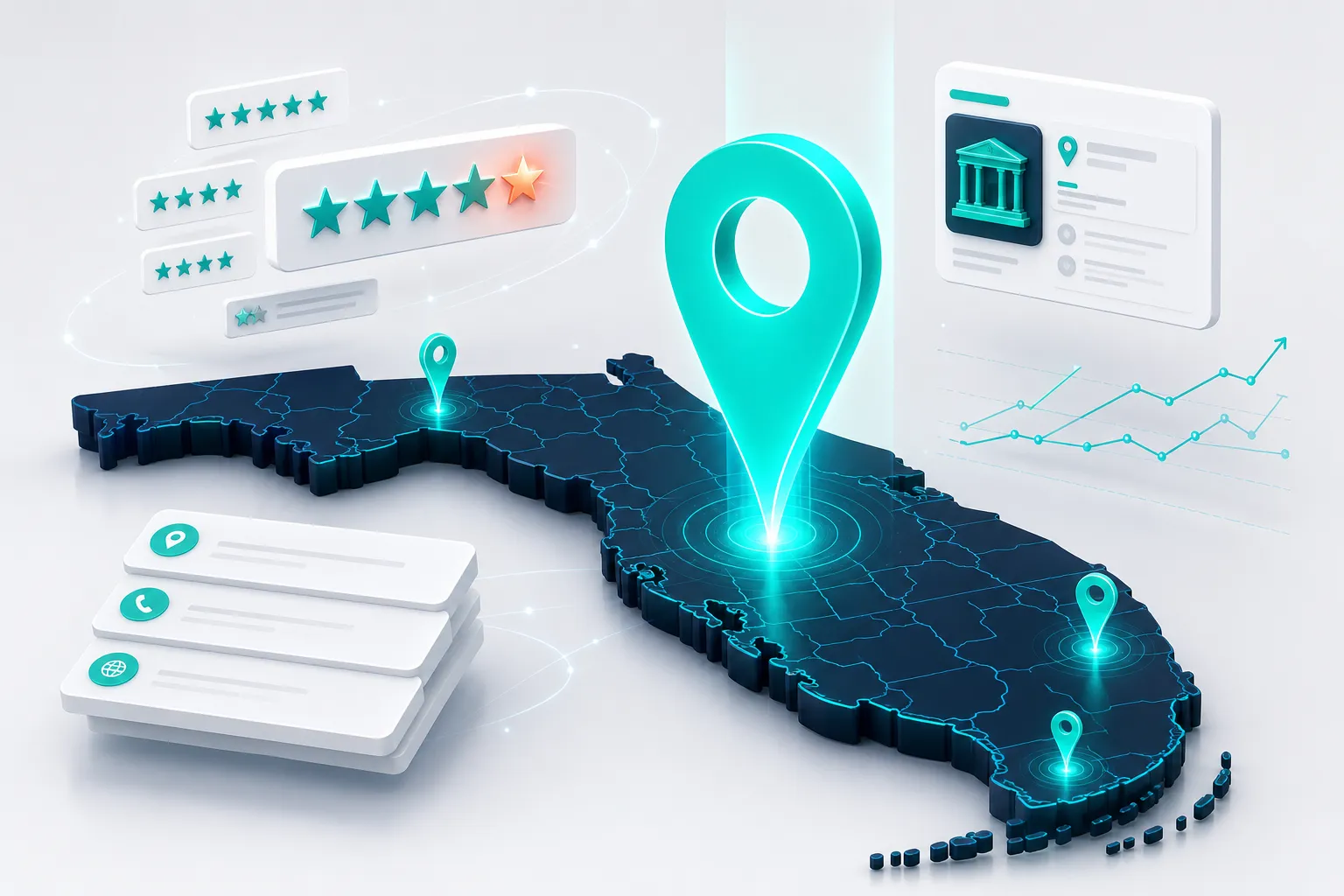 Conceptual 3D scene of a glowing map-pack pin surrounded by orbiting review-star clusters, NAP citation cards, and a floating Google-style place card in teal on deep navy