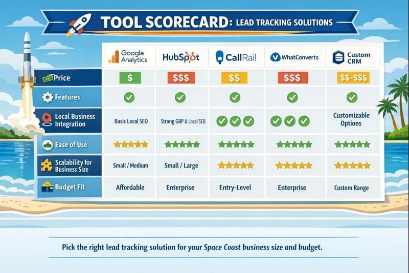 Comparison matrix showing lead tracking tools with ratings for price, features, and local business integration