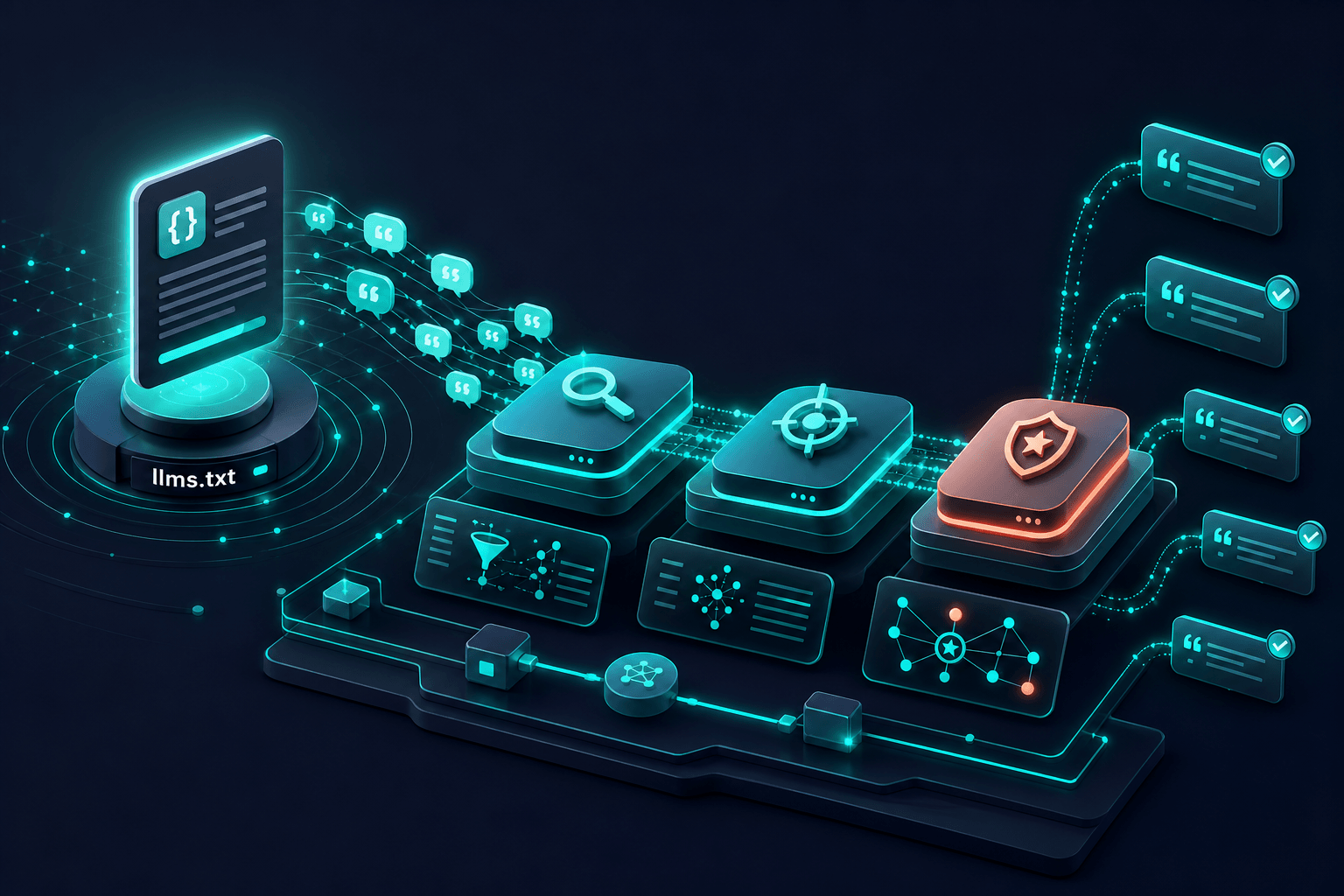Conceptual 3D illustration of AI crawlers fetching llms.txt at inference time, with citation bubbles traveling from a central file node through retrieval-to-answer pipeline blocks on a deep navy background