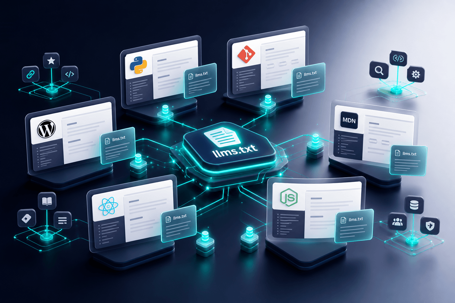 Isometric 3D network visualization of major sites publishing llms.txt files, with floating knowledge-panel cards and annotated link clusters connected by teal lines on a deep navy to off-white gradient
