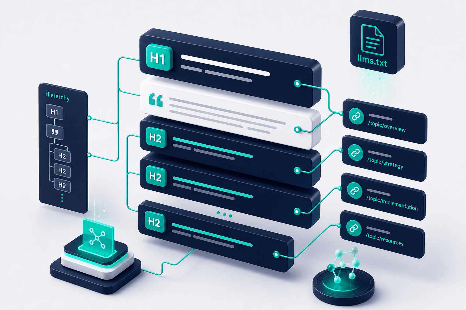 Isometric 3D visualization of the llms.txt specification structure showing H1 title, blockquote description, and H2 sections with annotated links as floating translucent blocks on a soft off-white to navy gradient
