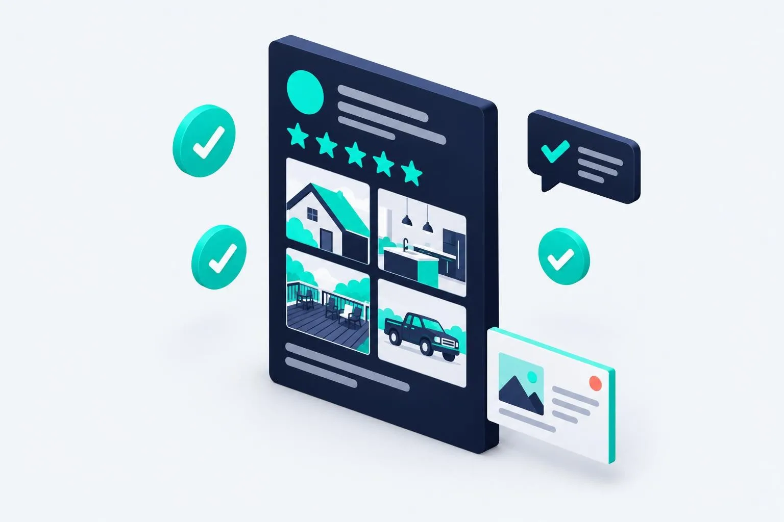 Illustration of a business profile with five stars, job photos, and answered reviews