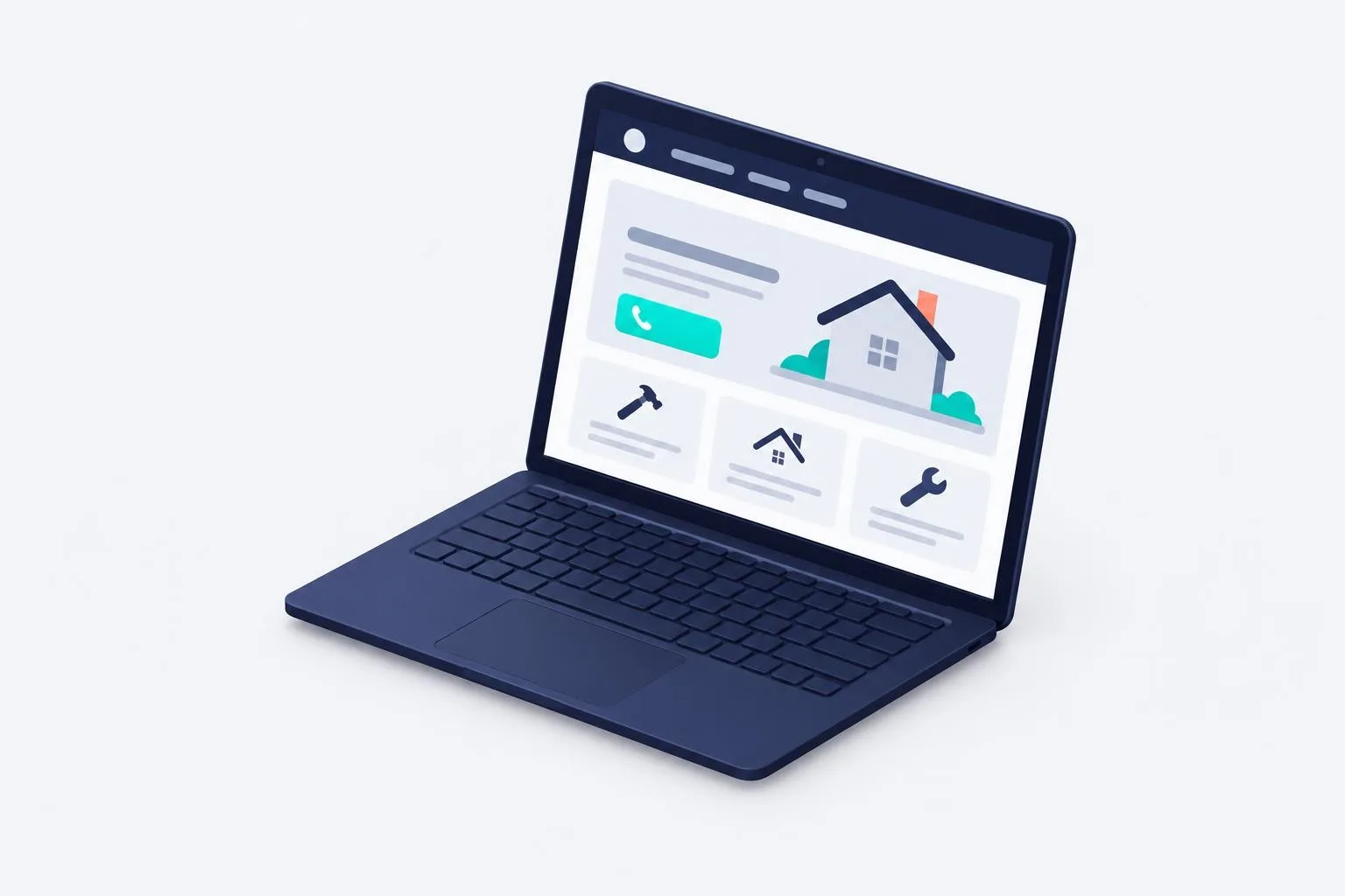 Illustration of a contractor homepage with a large call button and three service tiles