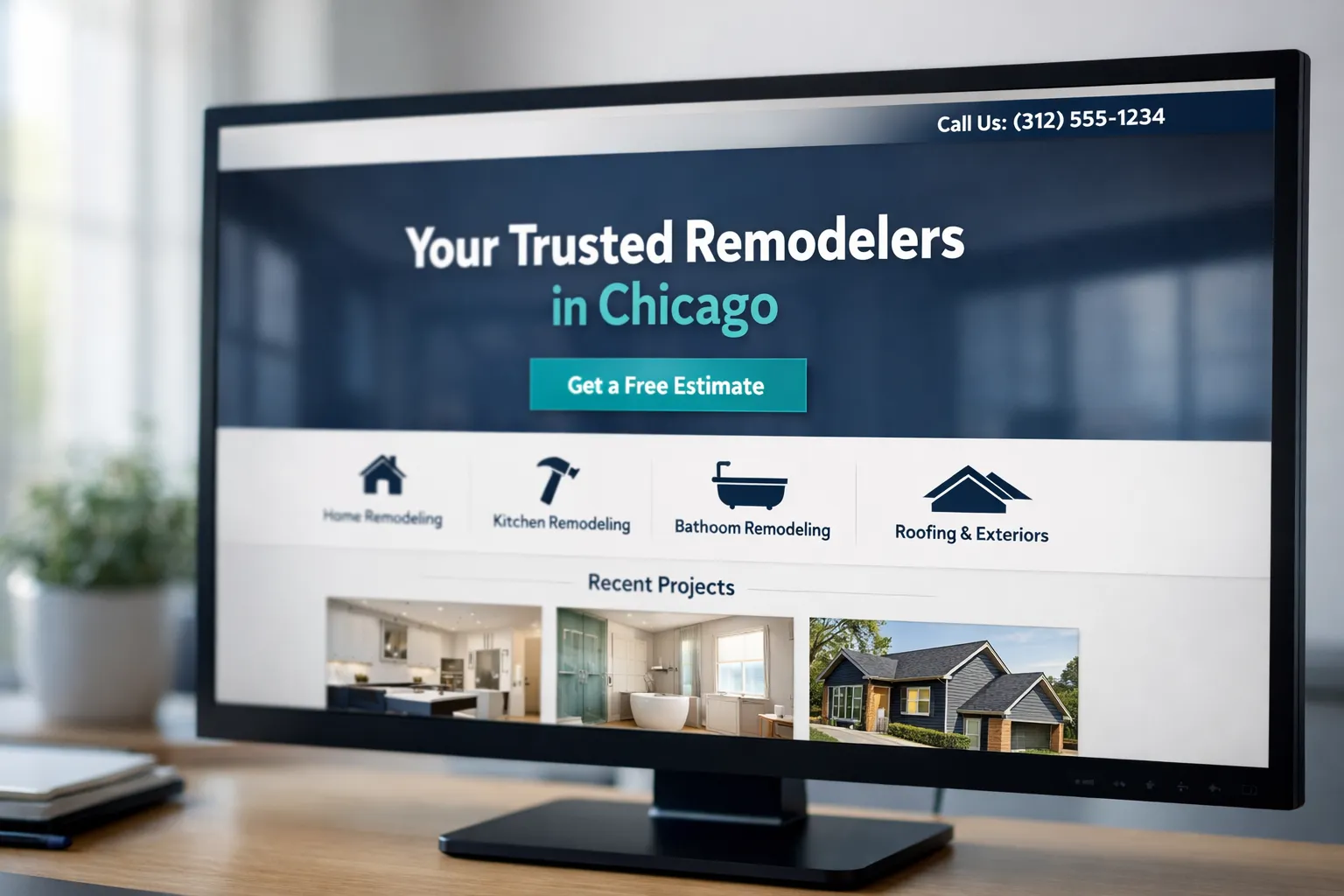 Example of a clean contractor homepage with clear headline, phone number, and service links
