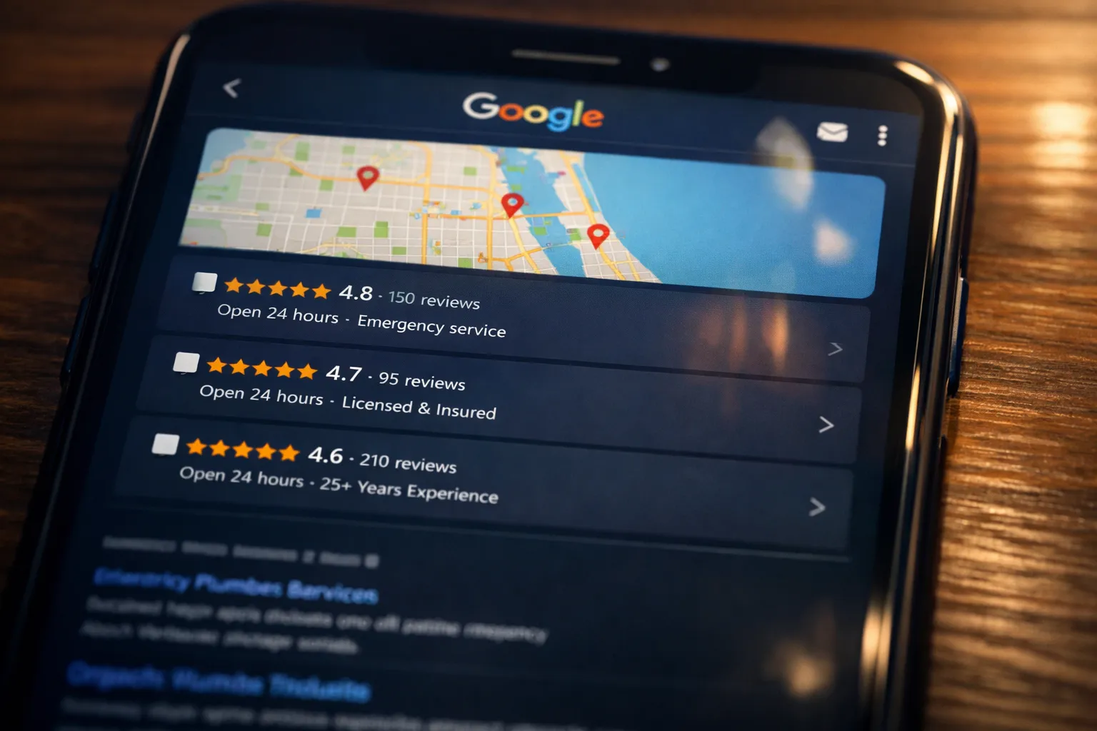Google map pack showing local contractors in Brevard County for emergency service searches