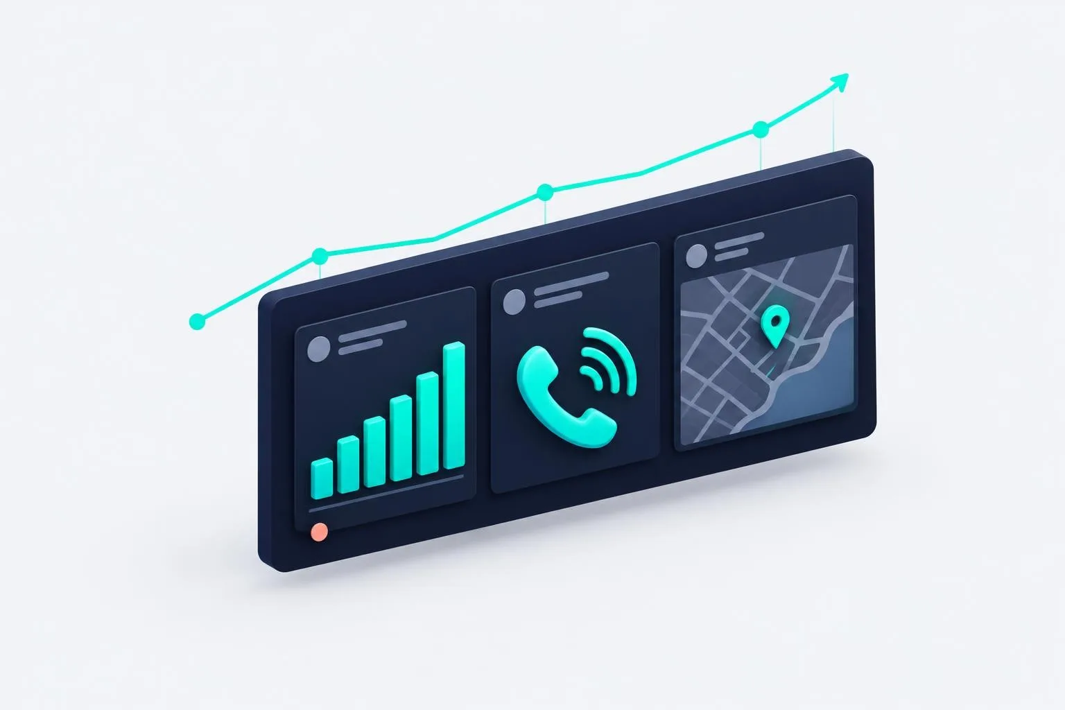 Illustration of a dashboard with rising calls, a phone symbol, and a map pin