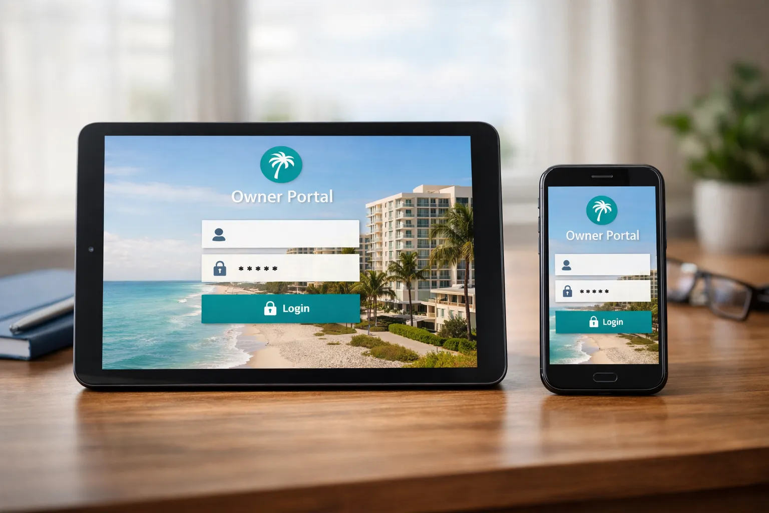 Secure login screen for Florida condo owner portal with mobile responsive design on tablet and phone