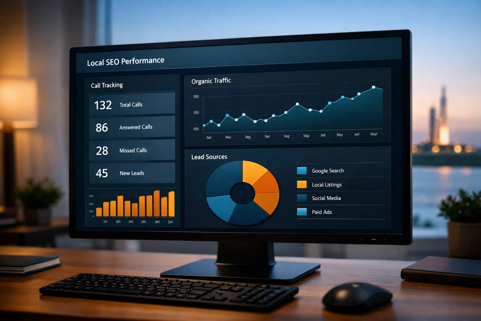 Dashboard showing local SEO performance metrics and call tracking for Titusville home services client