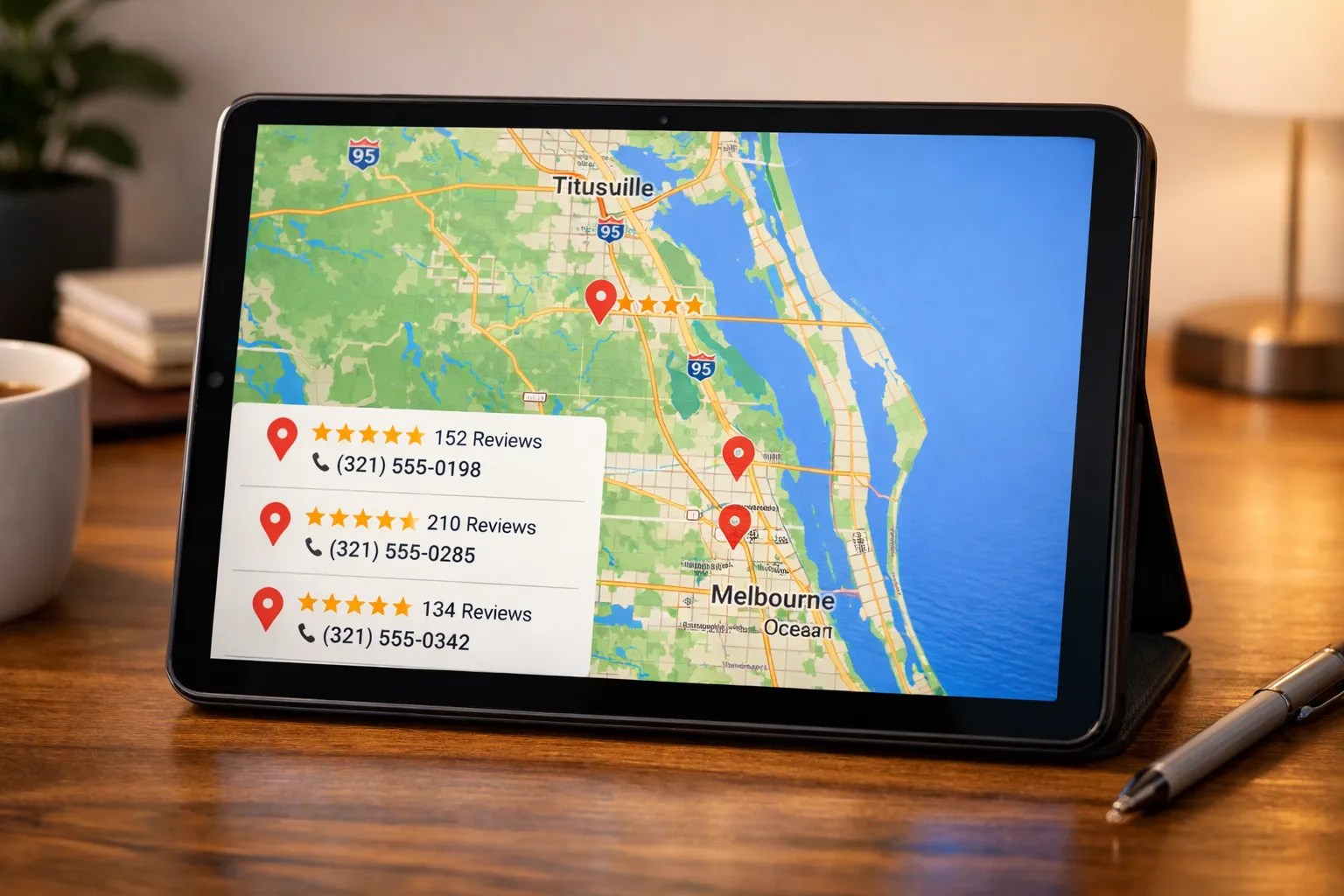 Google Maps 3-pack showing three local home service businesses in Brevard County with review stars and phone numbers