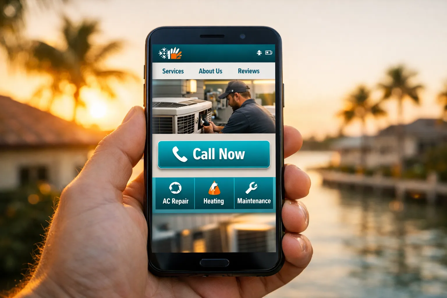 Smartphone displaying fast-loading home services website with click-to-call button and clear navigation