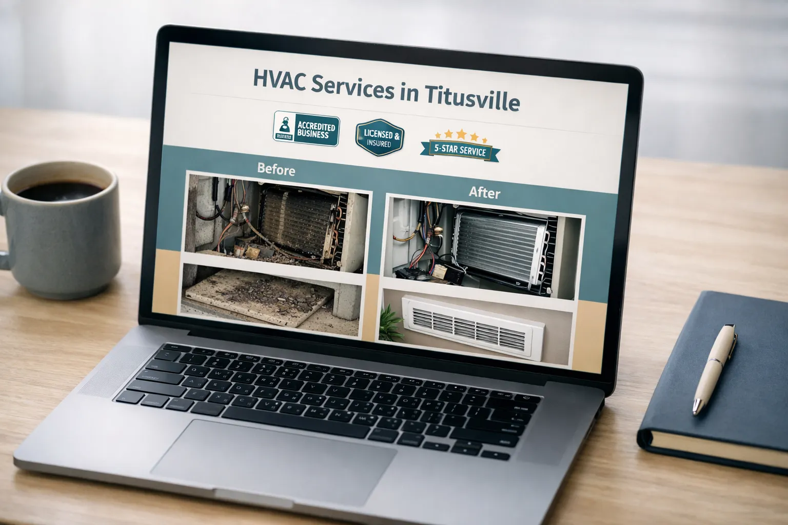 Clean service page example showing title tag, H1 heading, and trust signals for Titusville HVAC repair business