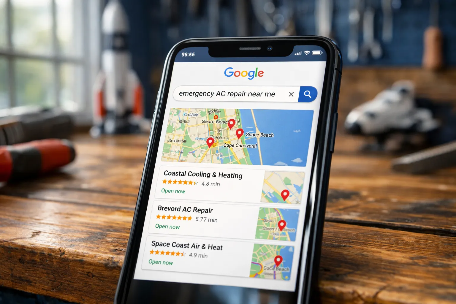 Mobile phone showing Google local search results for emergency AC repair in Titusville Florida with map pack visible