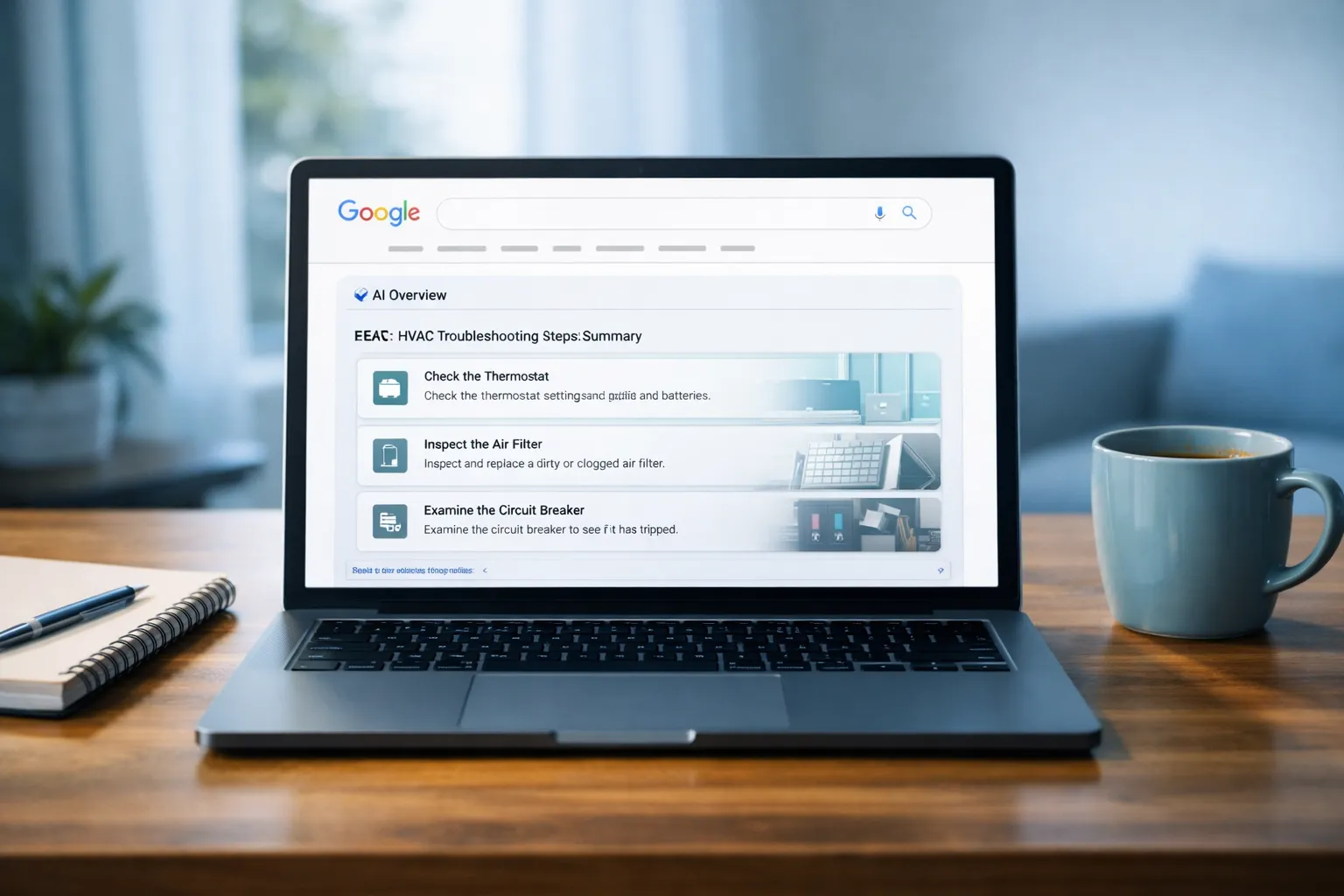 Clean modern laptop screen displaying Google AI overview with helpful HVAC troubleshooting information