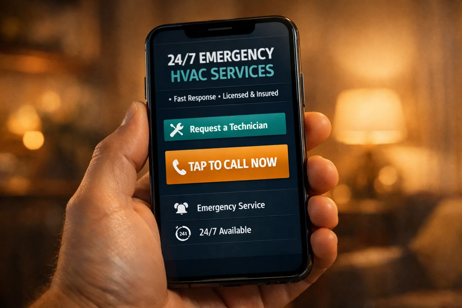Smartphone showing fast loading HVAC website with prominent call button during evening emergency search