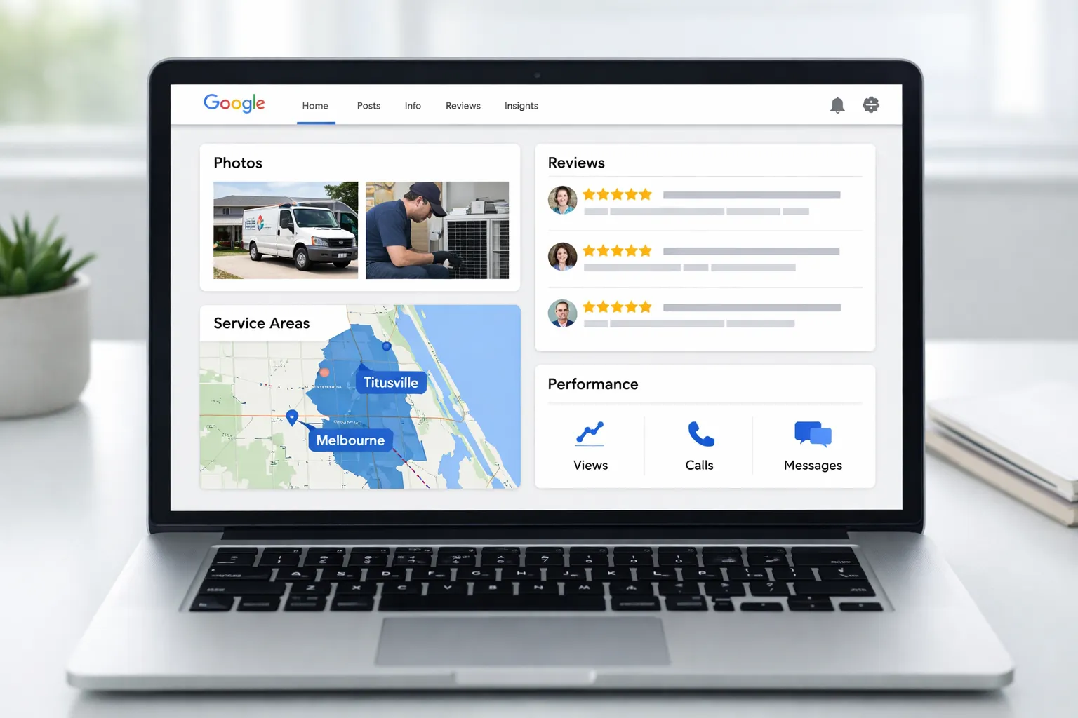 Google Business Profile dashboard for HVAC company showing photos, reviews and service areas in Brevard County