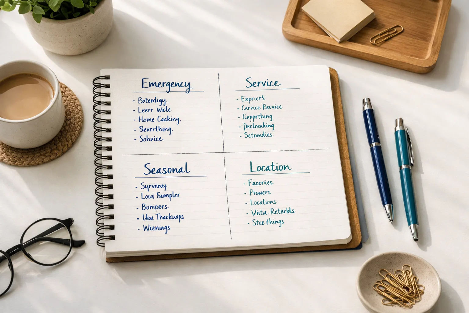 Organized keyword research clusters showing emergency, service, seasonal and location terms for HVAC businesses
