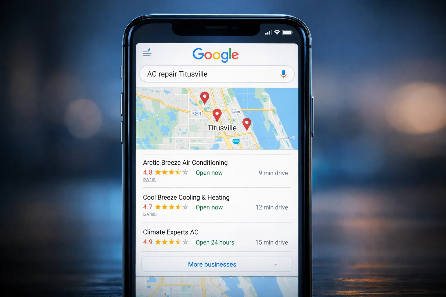 Mobile phone showing local search results for AC repair in Titusville Florida with map pack highlighted