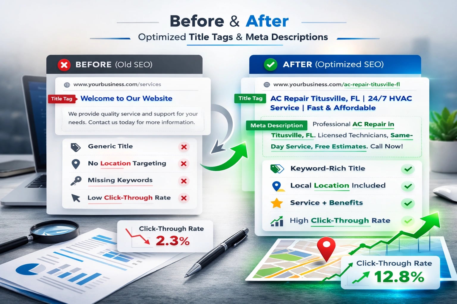 Before and after examples of title and meta optimization for search results