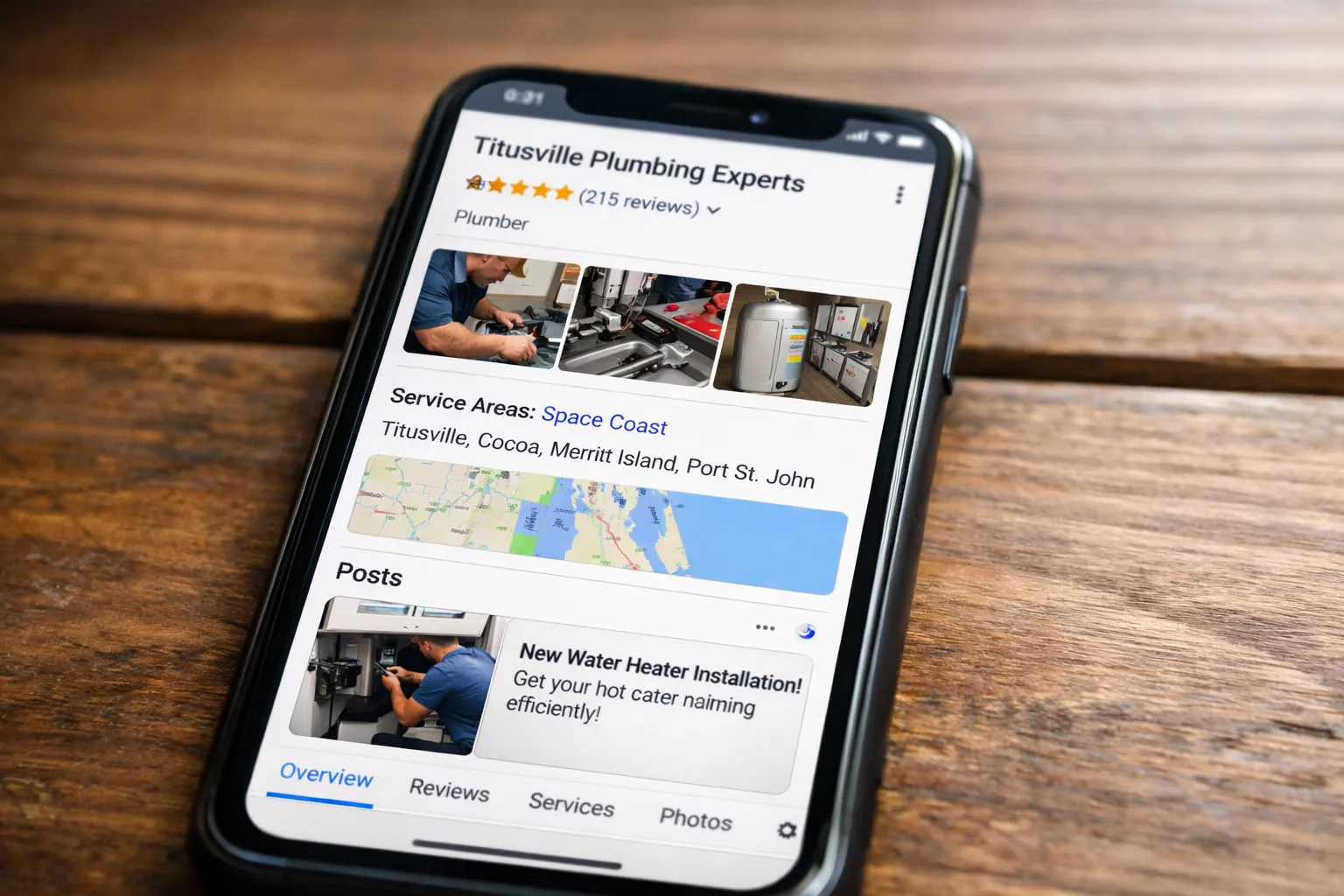 Optimized Google Business Profile for Titusville plumber showing photos, reviews, and service areas on mobile device