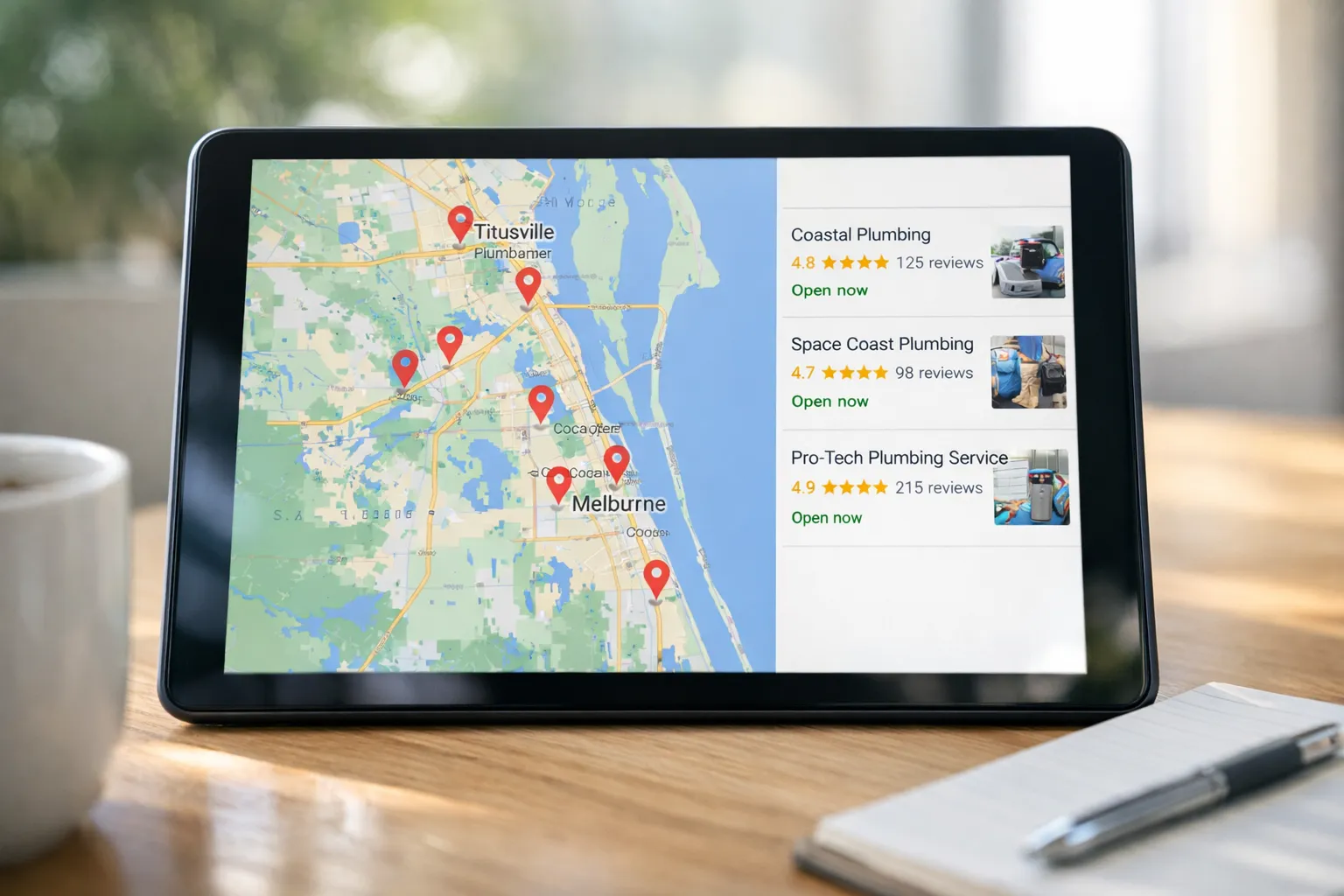 Google Maps showing local plumber search results in Titusville and Melbourne Florida with highlighted business listings
