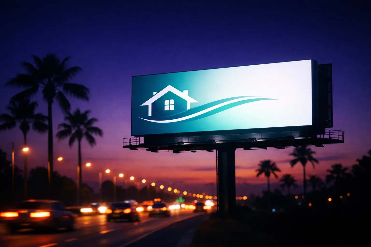 Modern billboard at dusk along a busy Florida highway representing always-on local SEO visibility for roofing companies