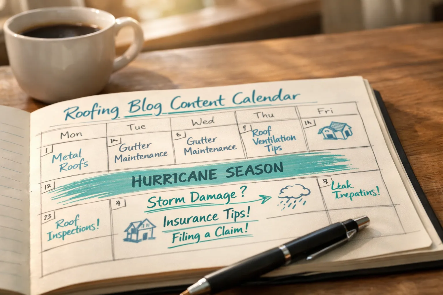 Content planning calendar with Florida hurricane season roofing topics and blog post ideas