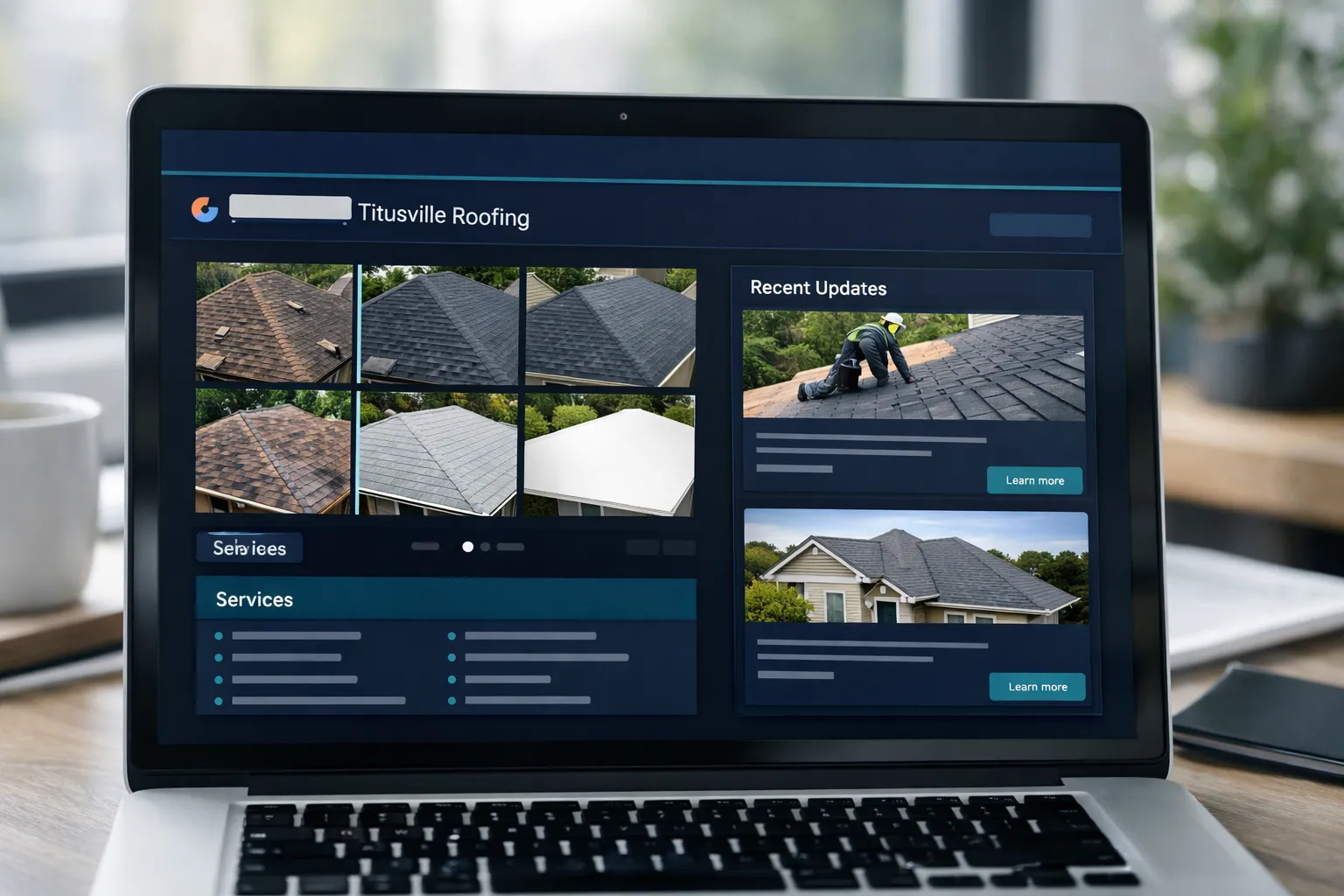 Optimized Google Business Profile dashboard for a Titusville roofing company showing photos, services, and posts