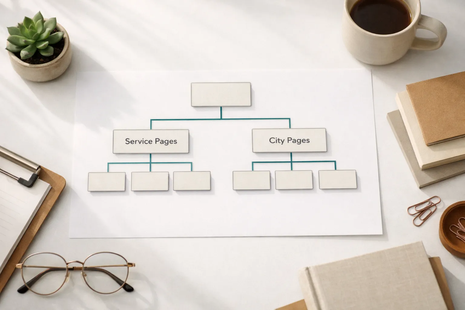 Clean hierarchical website structure diagram showing dedicated service pages and city pages for a roofing company
