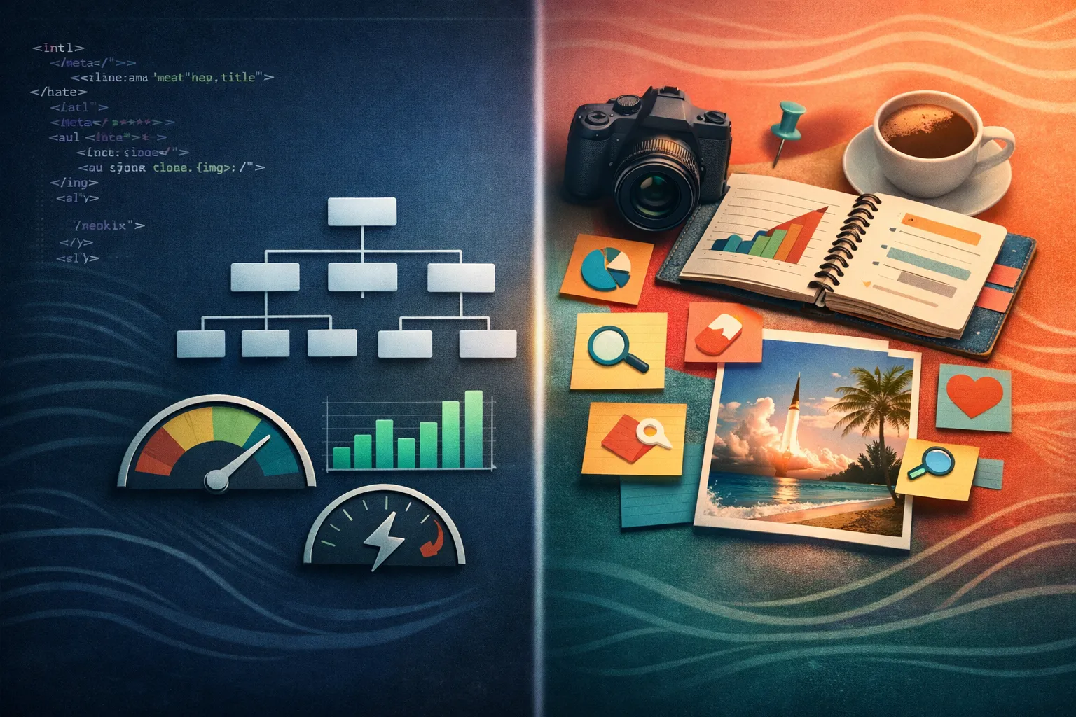 Side-by-side comparison showing technical SEO foundation versus regular content SEO elements for a local business website