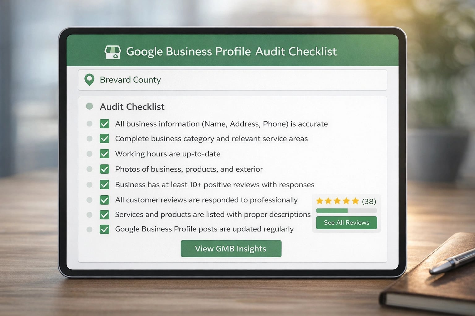 Checklist for auditing a Google Business Profile with key items for local businesses