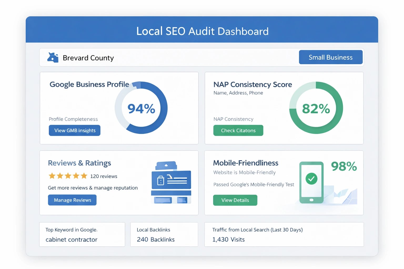 Dashboard view of a local SEO audit tool showing key metrics for a small business