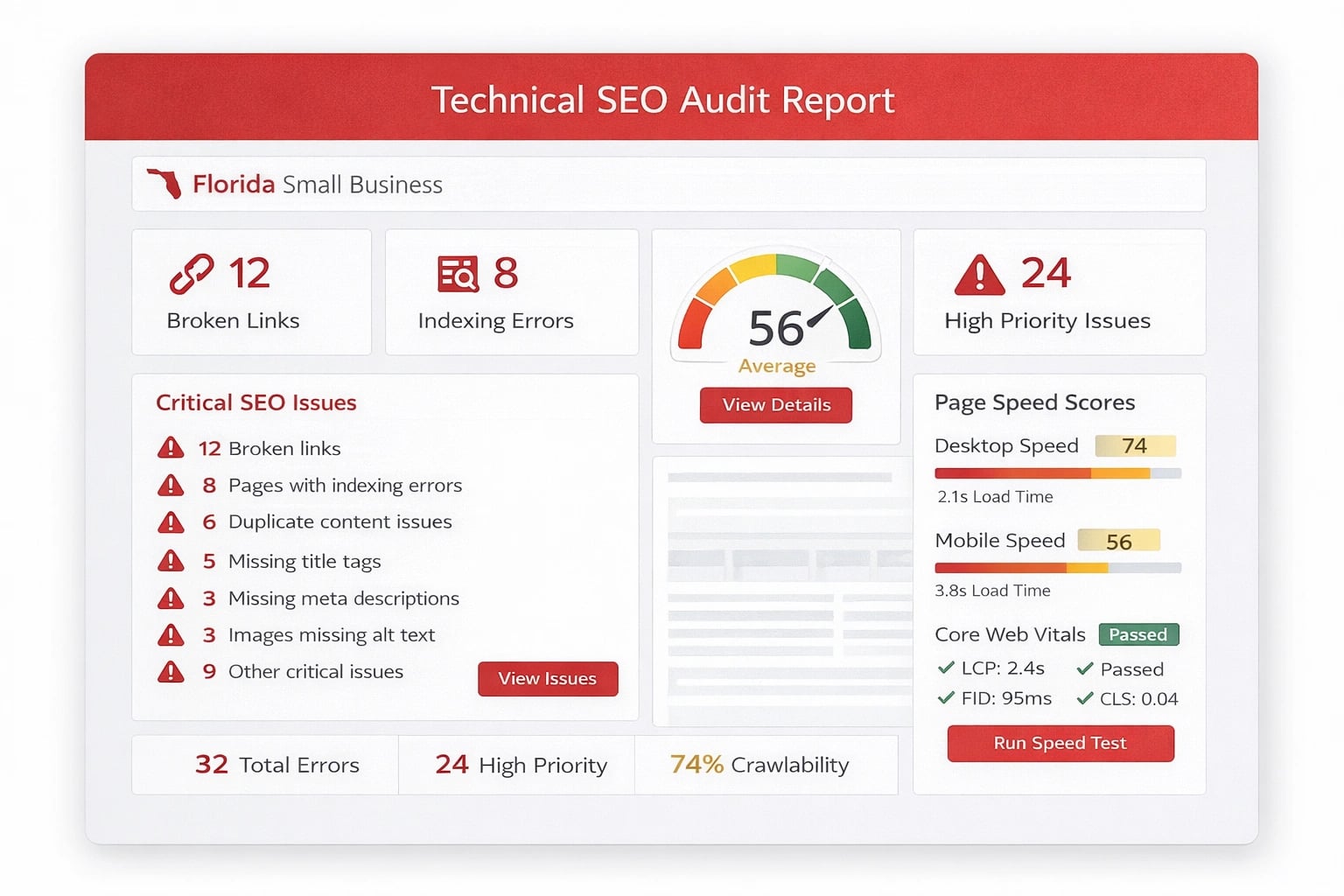 Technical SEO audit report highlighting issues for a Florida small business