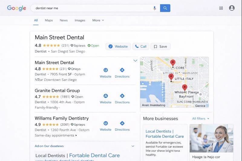 Local search results on Google showing businesses in the local pack and maps