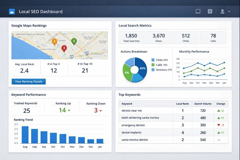 Dashboard showing local SEO metrics and Google Maps rankings for a business