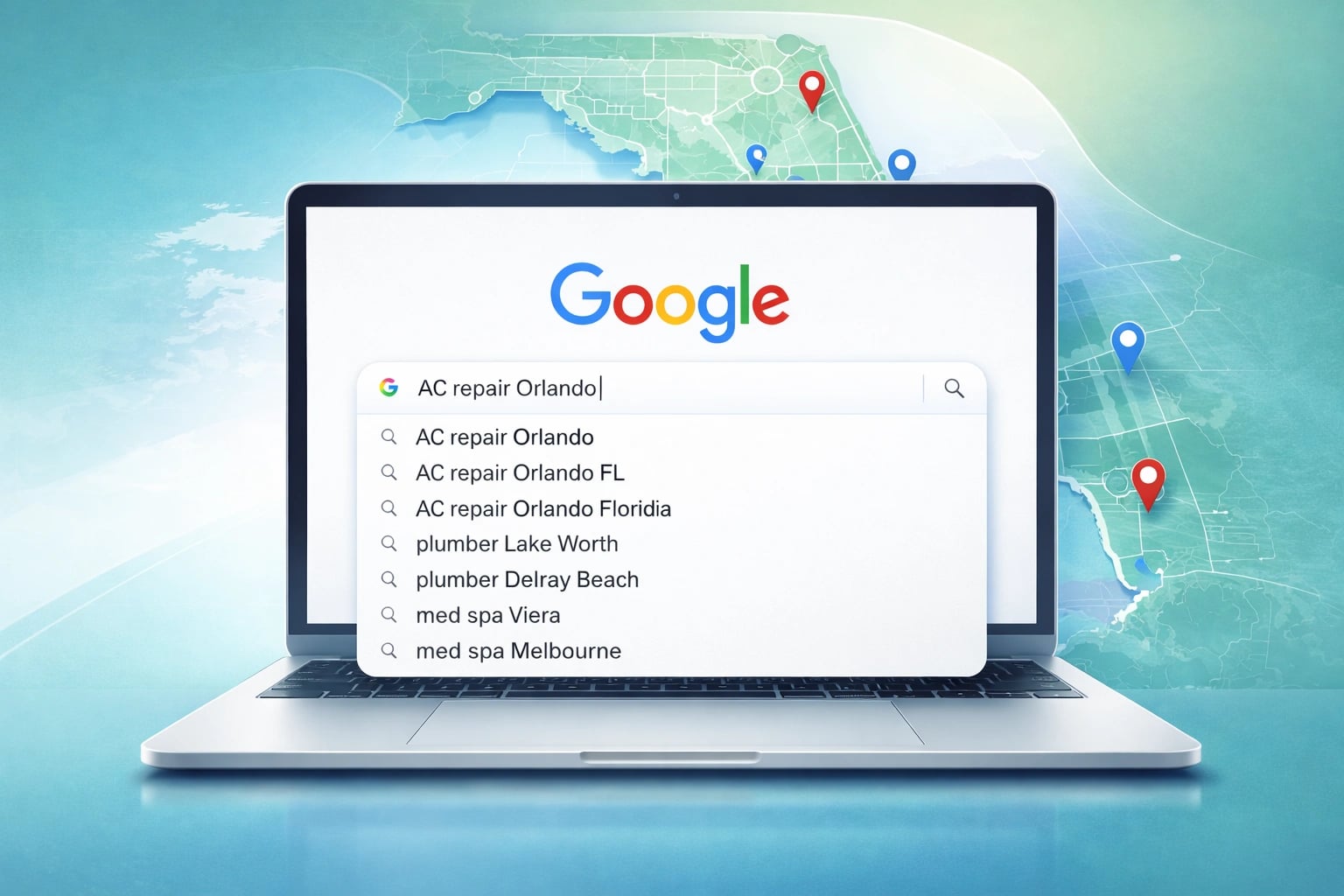 Local keyword research example for Florida businesses with search terms on a laptop screen