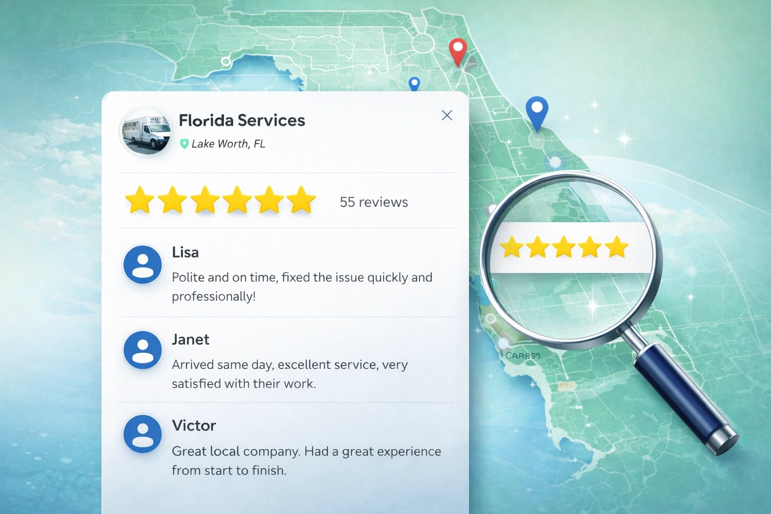 Customer reviews on Google for a Florida business showing star ratings and feedback