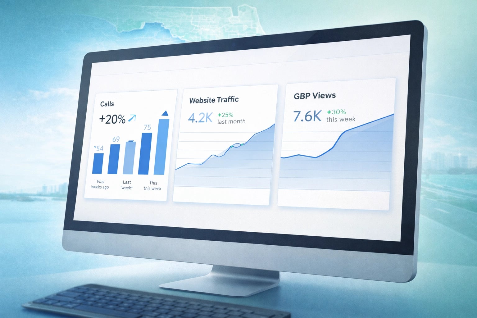 Local SEO analytics dashboard showing calls and traffic for a Florida business