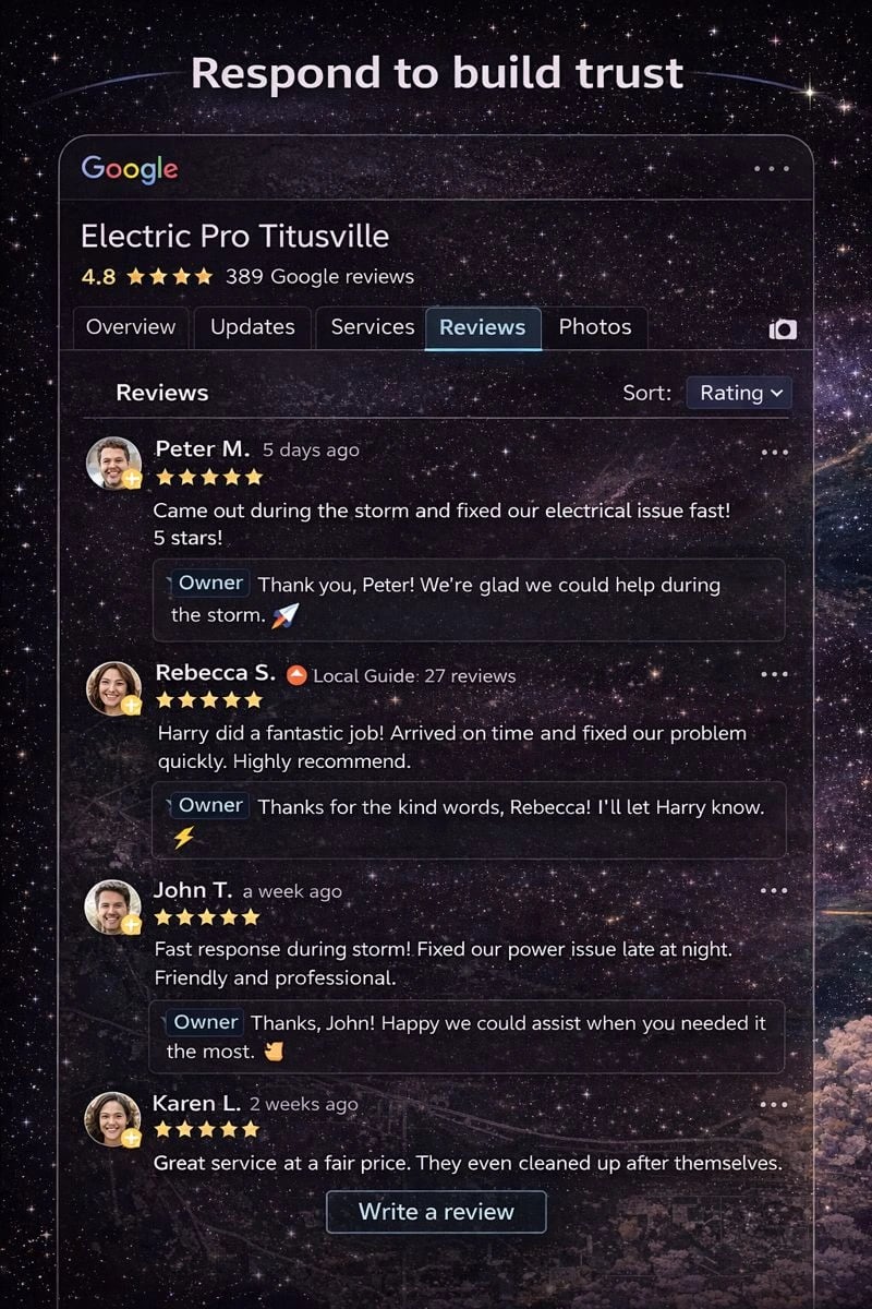 Customer reviews displayed on a Google Business Profile highlighting trust and engagement