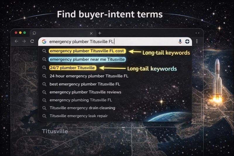 Google keyword research using autocomplete to find long-tail local keywords like emergency plumber in Titusville Florida