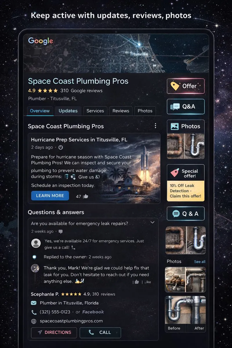 Example of an optimized Google Business Profile for a local business showing posts, reviews, and business details