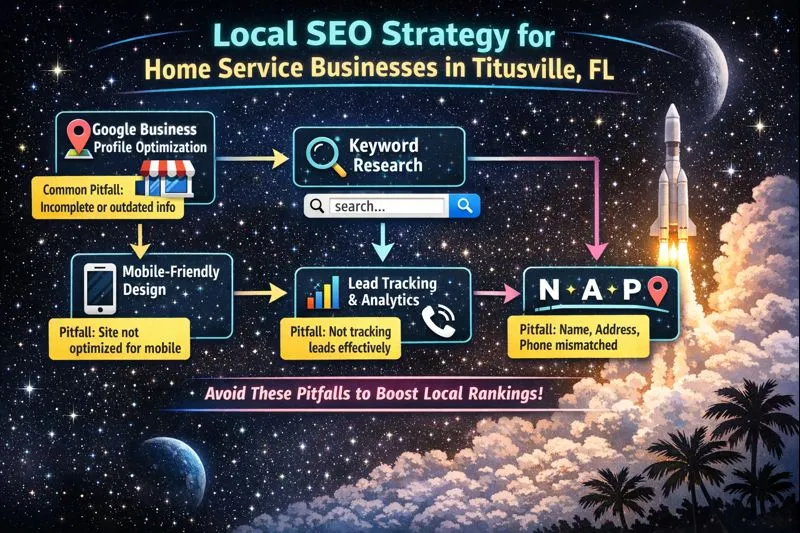 Overview illustration of a local SEO strategy for Titusville, Florida businesses including maps, keywords, and rankings