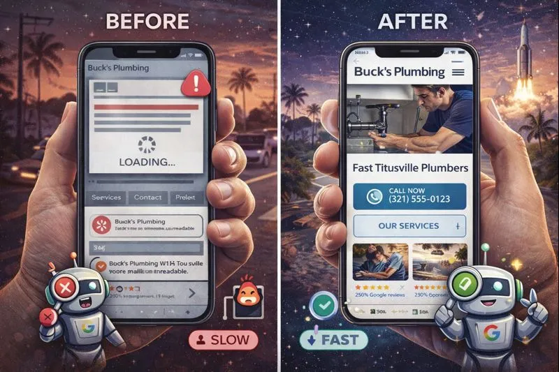Before and after comparison of mobile-friendly web design for a local business website showing improved speed and usability