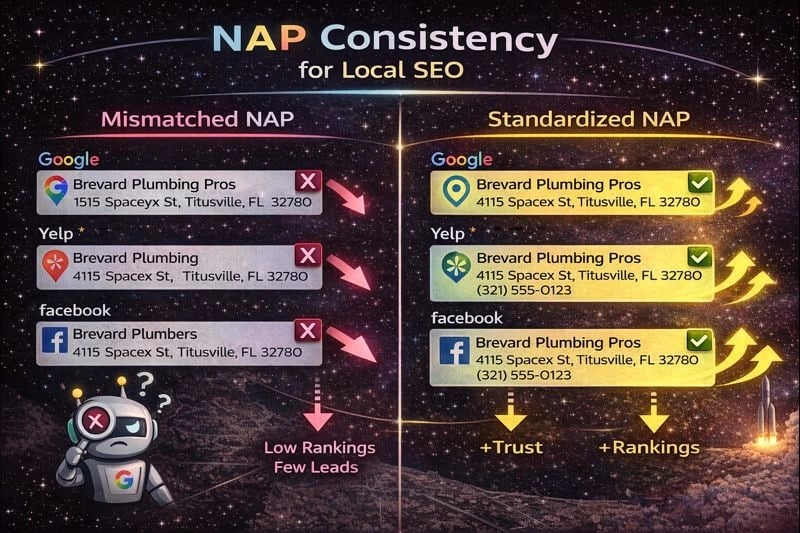 Example of NAP consistency across online business directories showing matching name address and phone number