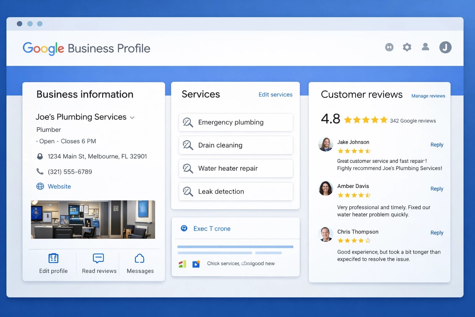 Google Business Profile dashboard with business information and customer reviews