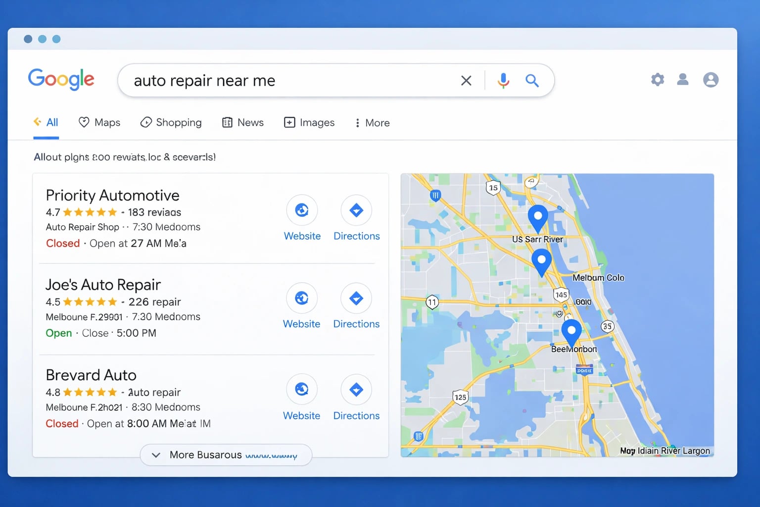 Google local pack showing map results for a service search in Brevard County