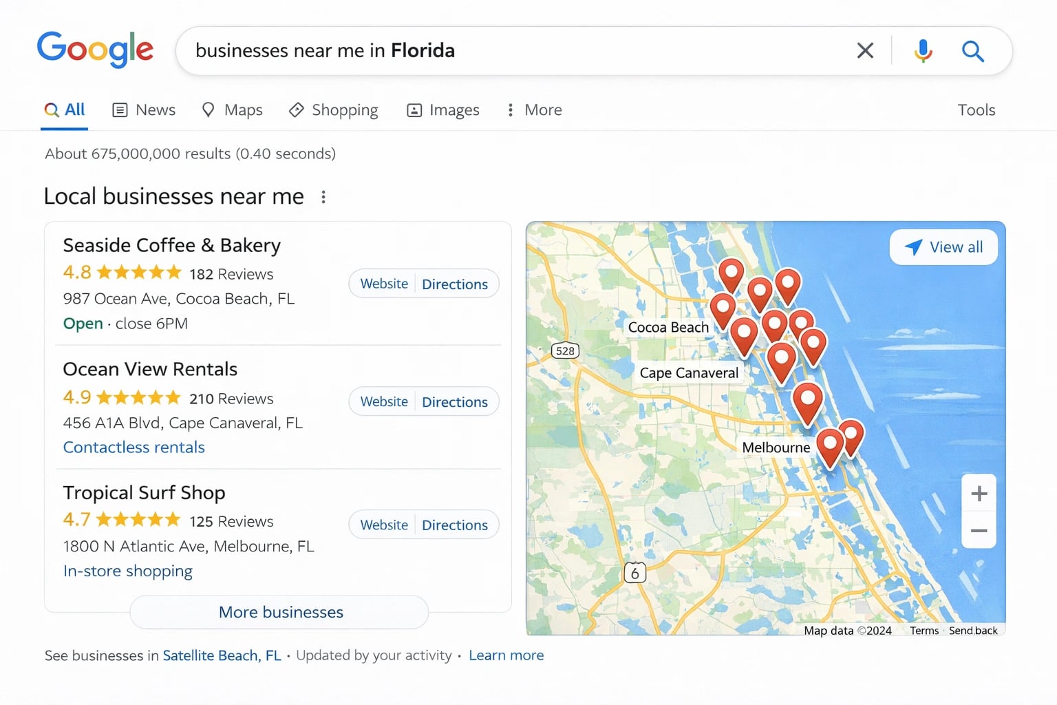 Local search results on Google showing businesses near a specific location in Florida