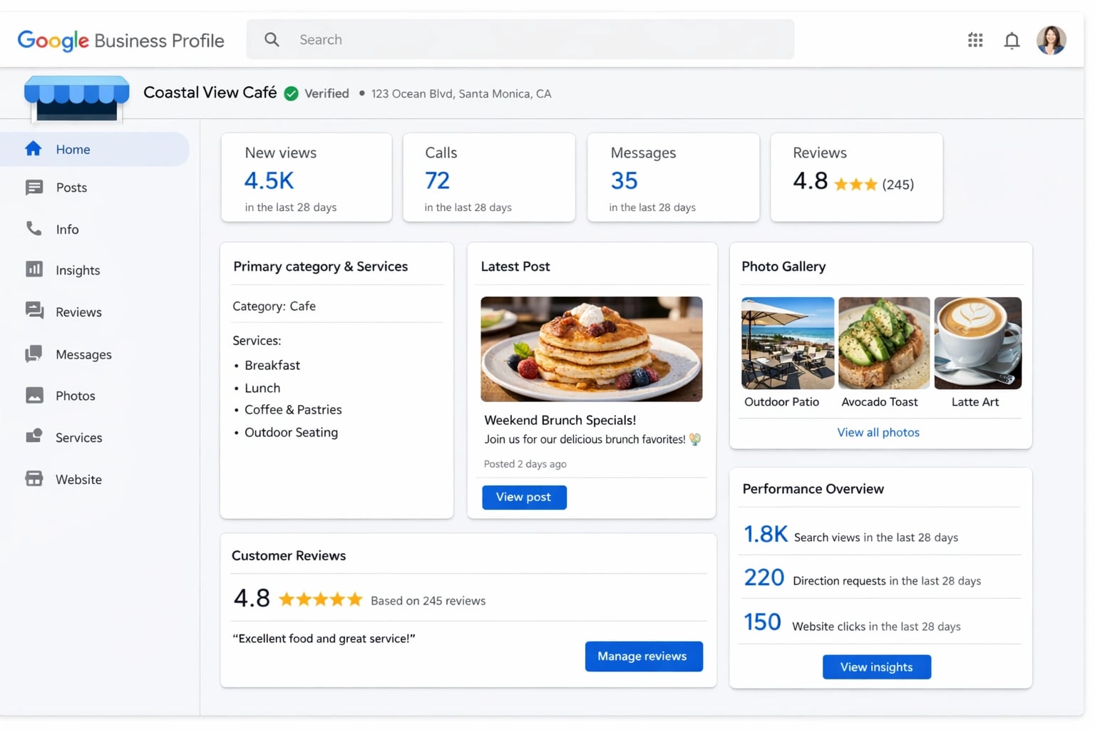 Google Business Profile optimization interface for a local business