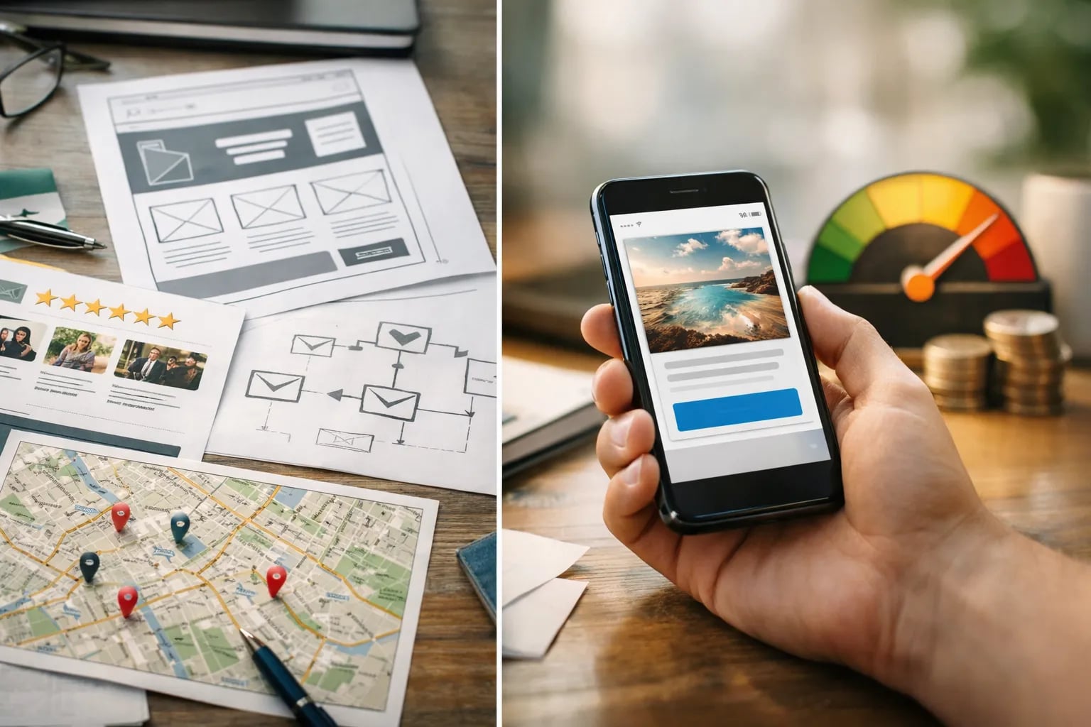 Side-by-side comparison showing marketing as a full strategy playbook versus advertising as a single paid promotion tactic for local businesses