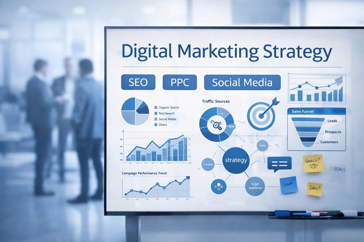 Digital marketing strategy planning board for business growth