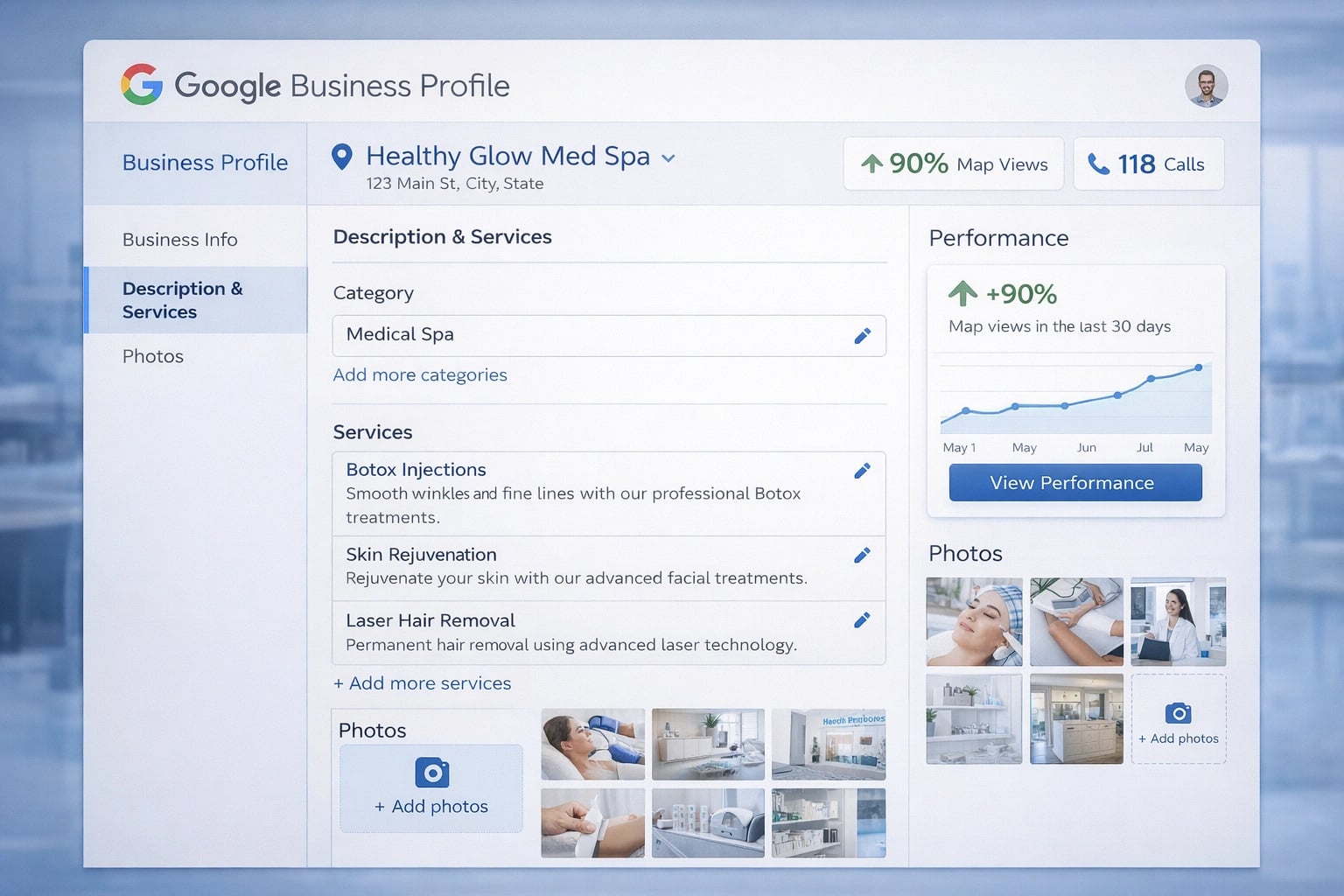 Google Business Profile optimization interface for local visibility